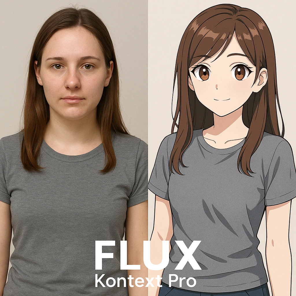 create before after image of a girl before is realsitic photo, after is anime version of her in same pose and clothes, add logo with text of a "FLUX Kontext Pro" emoji