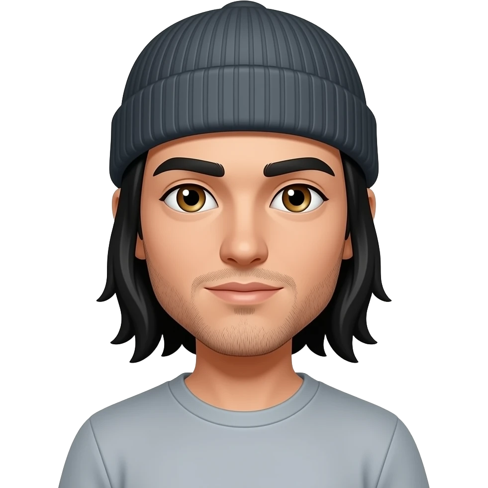 Skinny physique, black thick eyebrows, straight shoulder length long black hair man, hazel eyes, very scruffy 5 oclock shadow with beanie skateboarder emoji