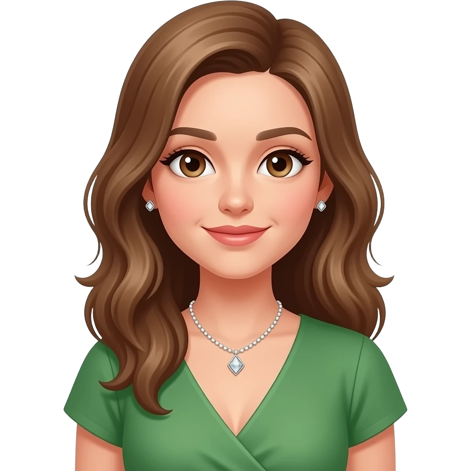 girl like https://www.emojis.com/emoji/emoji-VD96a8gMUDC but with light brown hair, brown eyes. diamond earrings and neclace, v neck dress in green emoji