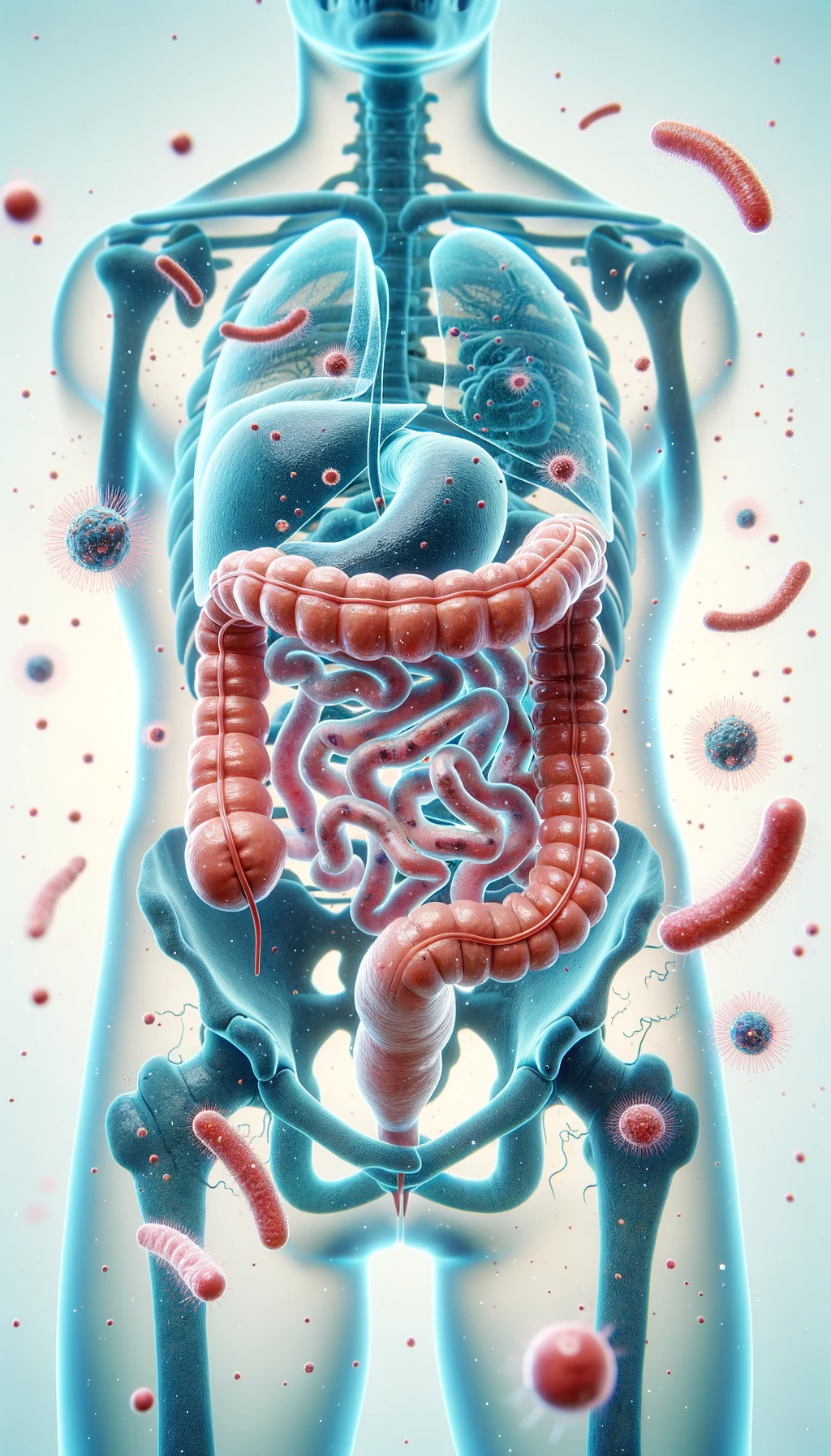 INTESTINO UMANO ANATOMICO CON BATTERI CHE GLI FLUTTUANO INTORNO, SFONDO CHIARO emoji