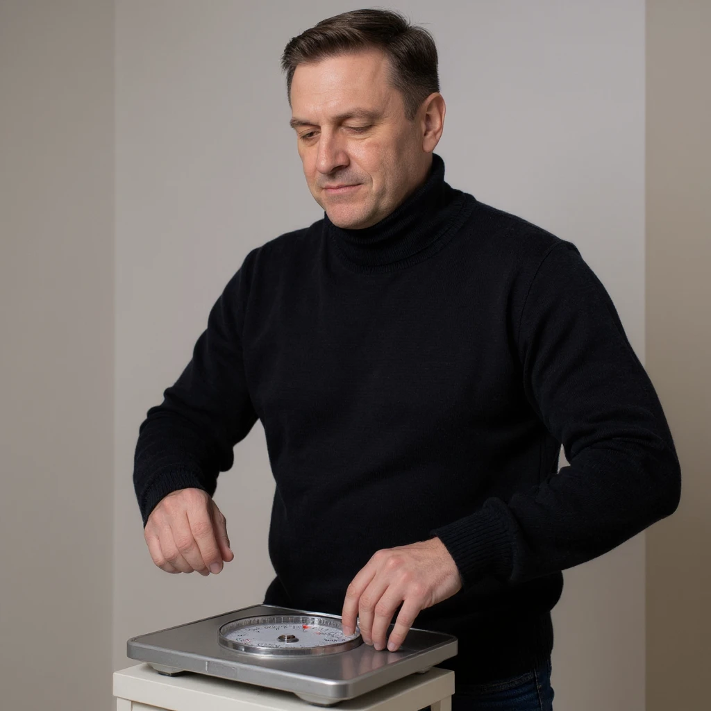 Vertical 2:3 photograph inspired by the reference image, featuring an elegant man in a black sweater, fasting theme. The man is weighing himself on a scale with a serene expression, in a tidy environment. Realistic style, clearly conveying the concept of fasting. emoji