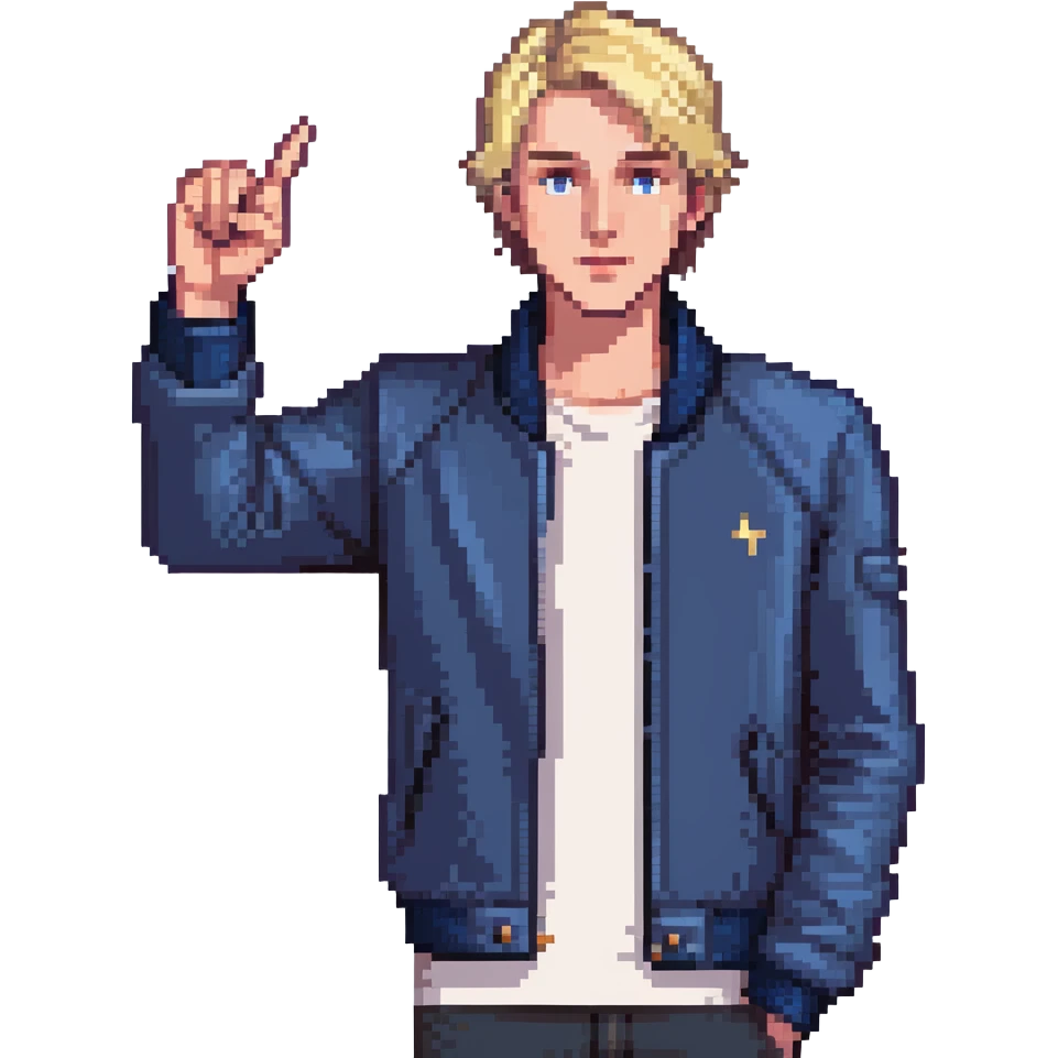 Flat pixel art, confident male leader, Caucasian, short neat blonde hair, sharp eyes, indigo jacket, one arm raised gicing direction, waist-up, front-facing emoji