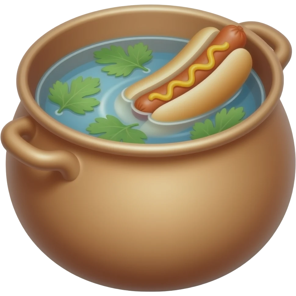 olla con agua y hojas pequeñas de cilantro, con salchichas de perro caliente enteras emoji