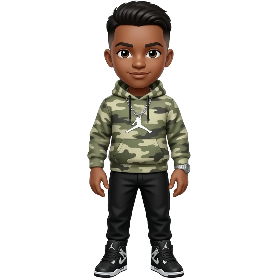 Make a brown skin colored boy with fully brown low taper fade with a light camouflage hoodie with black pants with black Jordan 4’s with a silver chain and watch emoji
