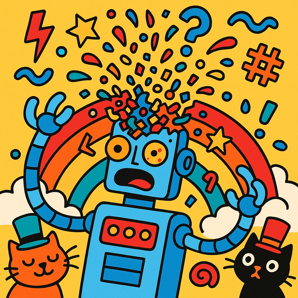 robot with head exploding into confetti, surrounded by nonsensical symbols, cats wearing hats, rainbow, playful vibrant toon style, funny AI losing its mind emoji