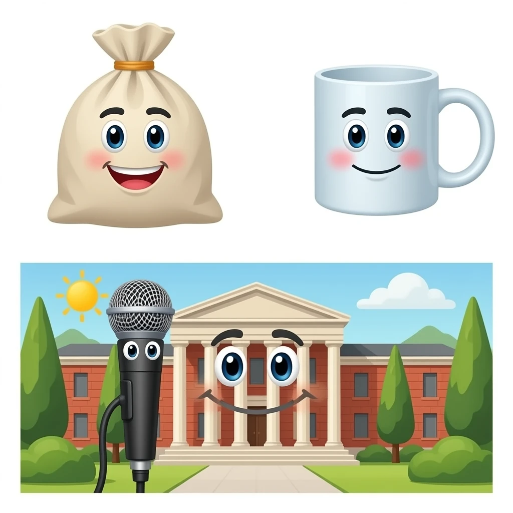 bag with face and mug with face and microphone with face setting in court emoji