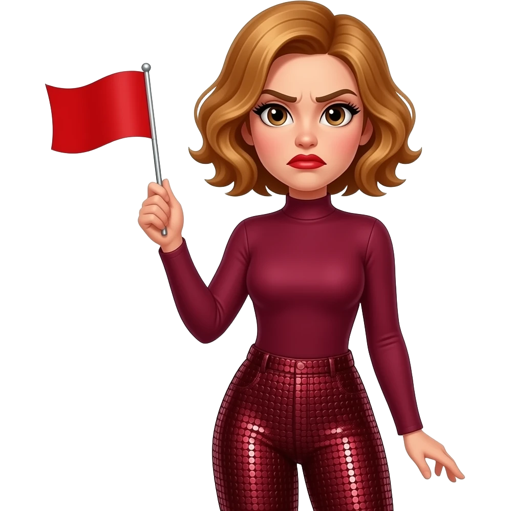 glamours,-tanned,-very-beautiful-woman-with-big-plump-red-lips,-long-lashes,-honey-silky-very short- hair,-wavy-hair,-hazel-eyes- wearing-Burgundy-Long-sleeved-bodysuit-Burgundy- sequinned-pants-Her-eyes-sparkle-and-she-is-frowning.-Hand-up-waving-Red-Flag. emoji