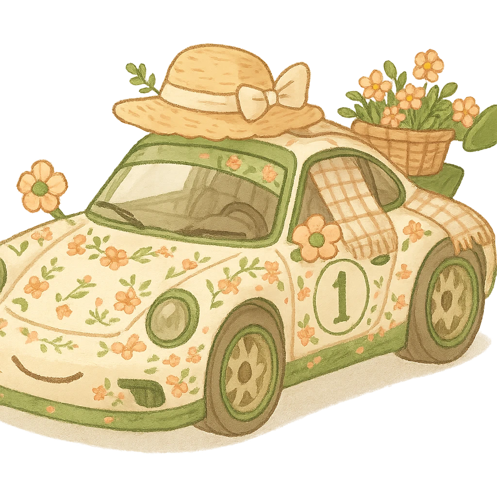 Using a transparent background, give the Assetto Corsa a cute Cottagecore makeover emoji