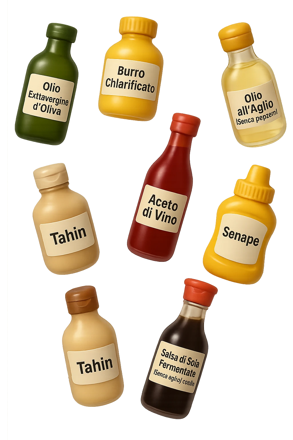 emoji stile iphone 3d di questi elementi che fluttuano in aria sparsi casualmente:

Olio extravergine d’oliva, burro chiarificato
Olio all’aglio (senza pezzetti)
Aceto di vino, aceto di riso, senape, tahin
Salsa di soia fermentata (senza aglio/cipolla)


 che fluttuano sparse casualmente in aria, le etichette dei prodotti scrivile in italiano, iperealistico 4k emoji