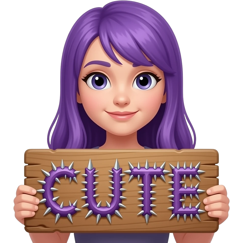 girl with long purple hair holding a CUTE but STABBY sign emoji