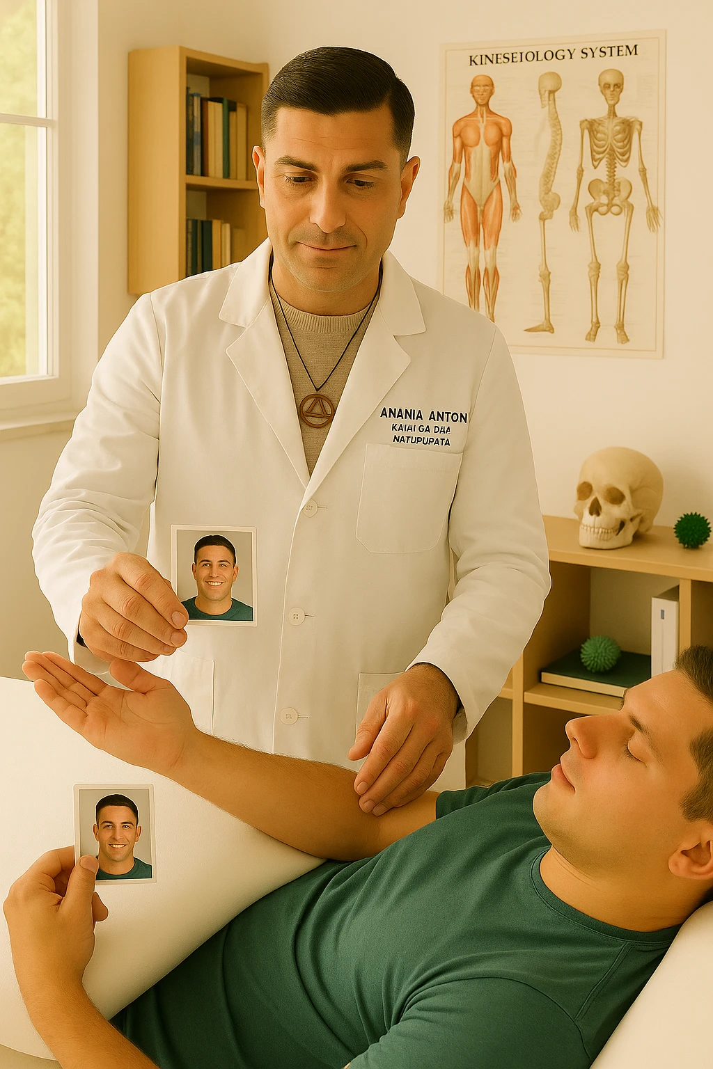 a middle-aged man, dressed in casual professional attire, is in a bright, organized therapy studio. Durante una visita di kinesiologia, il ragazzo tiene con una mano la foto di una persona lontana (il “testimone”) tiene la foto in mano, mentre con l’altra mano esegue un test muscolare su un cliente presente senza foto lui non tiene la foto. Sullo sfondo si vedono libri di kinesiologia, poster anatomici e strumenti tipici della disciplina. L’atmosfera è concentrata e serena, con luce naturale che entra dalla finestra, sottolineando l’aspetto alternativo e umano della pratica. emoji