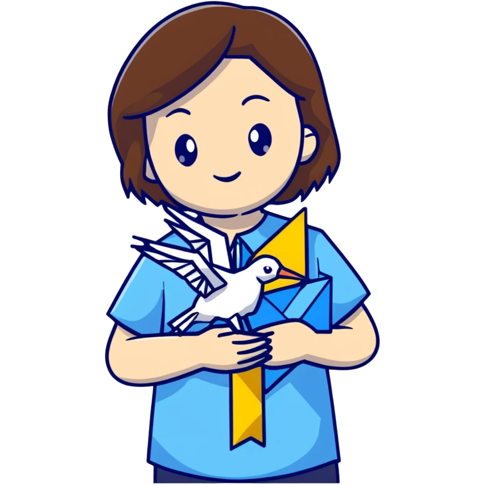 Happy Ukrainian young girl with brown hair in a white embroidered shirt holds an origami yellow and blue crane emoji