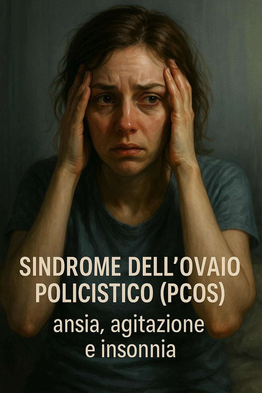 vertical realistic illustration of a woman with polycystic ovary syndrome, visibly anxious, agitated, and insomniac. Worried expression, tired eyes, clinical atmosphere, dramatic lighting, Italian captions, aspect ratio 2:3 emoji