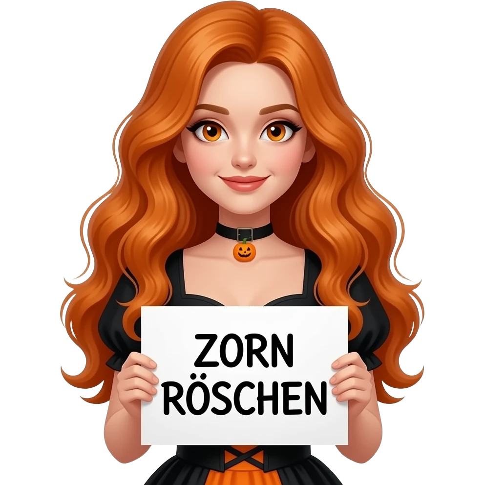sexy girl with long wavy ginger hair and ginger eyes wearing a halloween dress is holding a white colored sign with ZORN RÖSCHEN written on it emoji