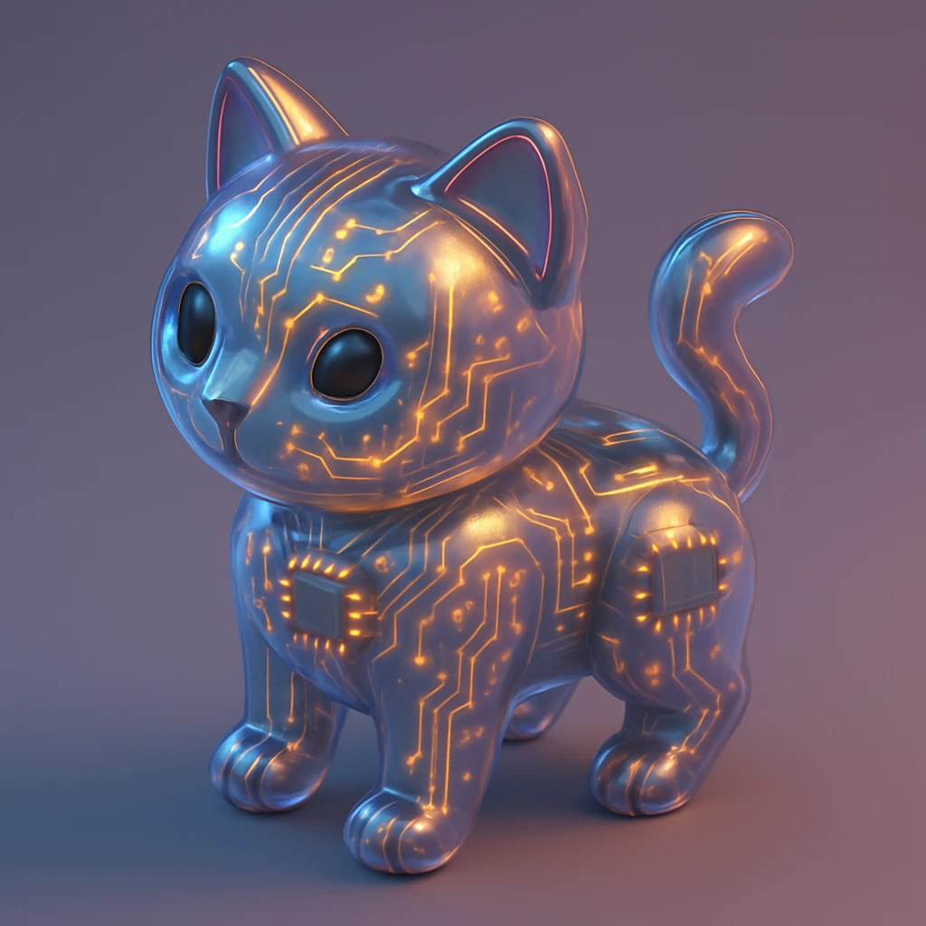 AI cat, metallic body, circuit patterns, robotic look emoji