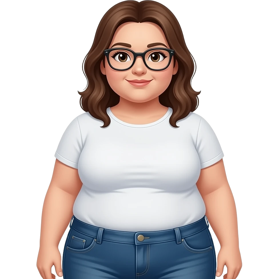 White obese woman with brown hair wearing glasses and jeans emoji
