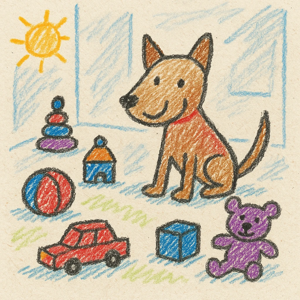 a dog in a room with toys, children doodle style emoji
