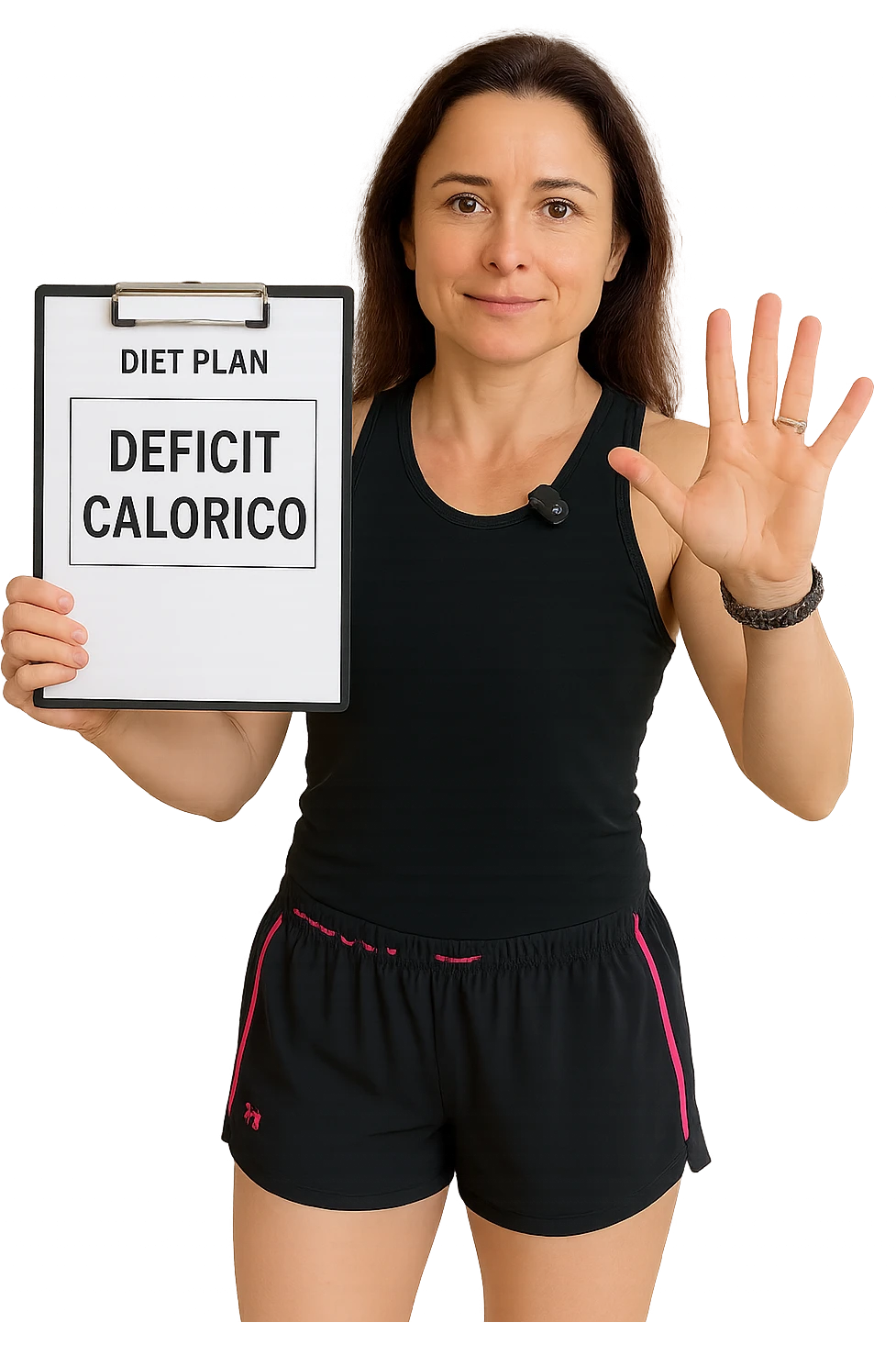 Donna con in mano una dieta con scritto "Deficit Calorico" emoji