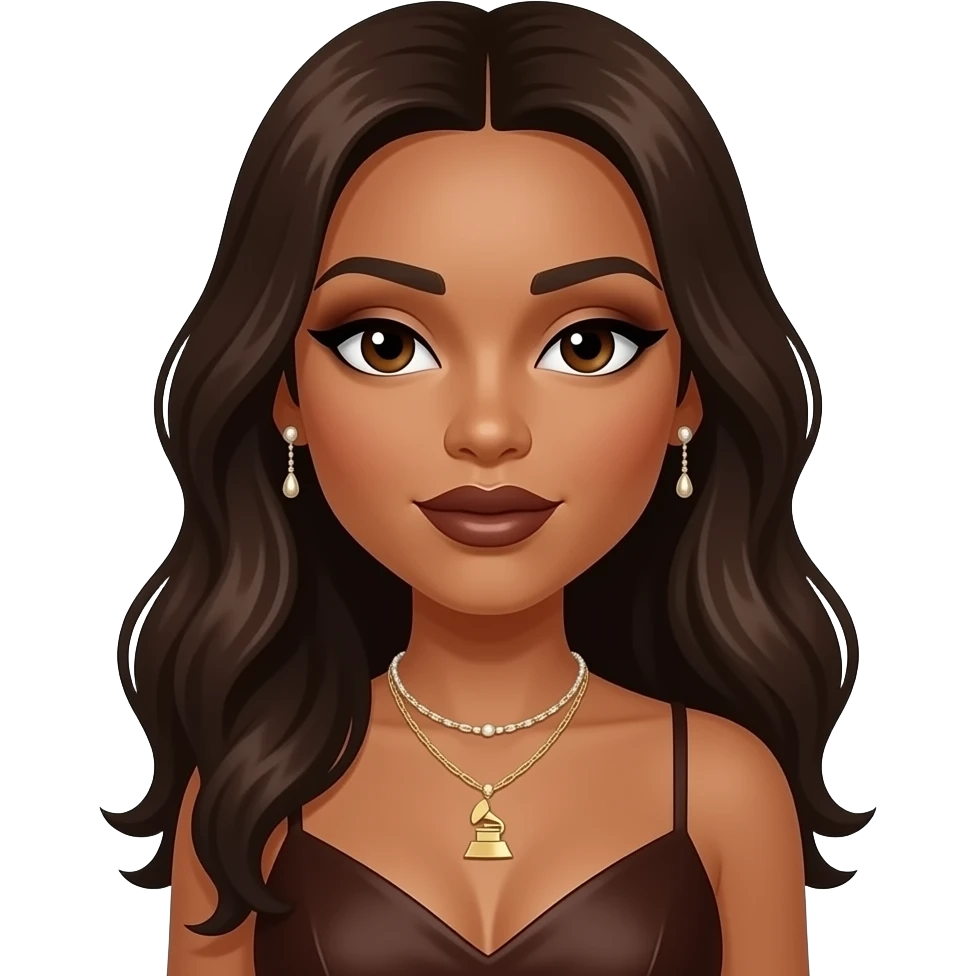 Victoria Monét, R&B Singer with brown skin, dark brown eyes, long dark brown hair, brown eyeshadow, dark brown lipstick, dark brown grammy dress, necklace and earrings emoji