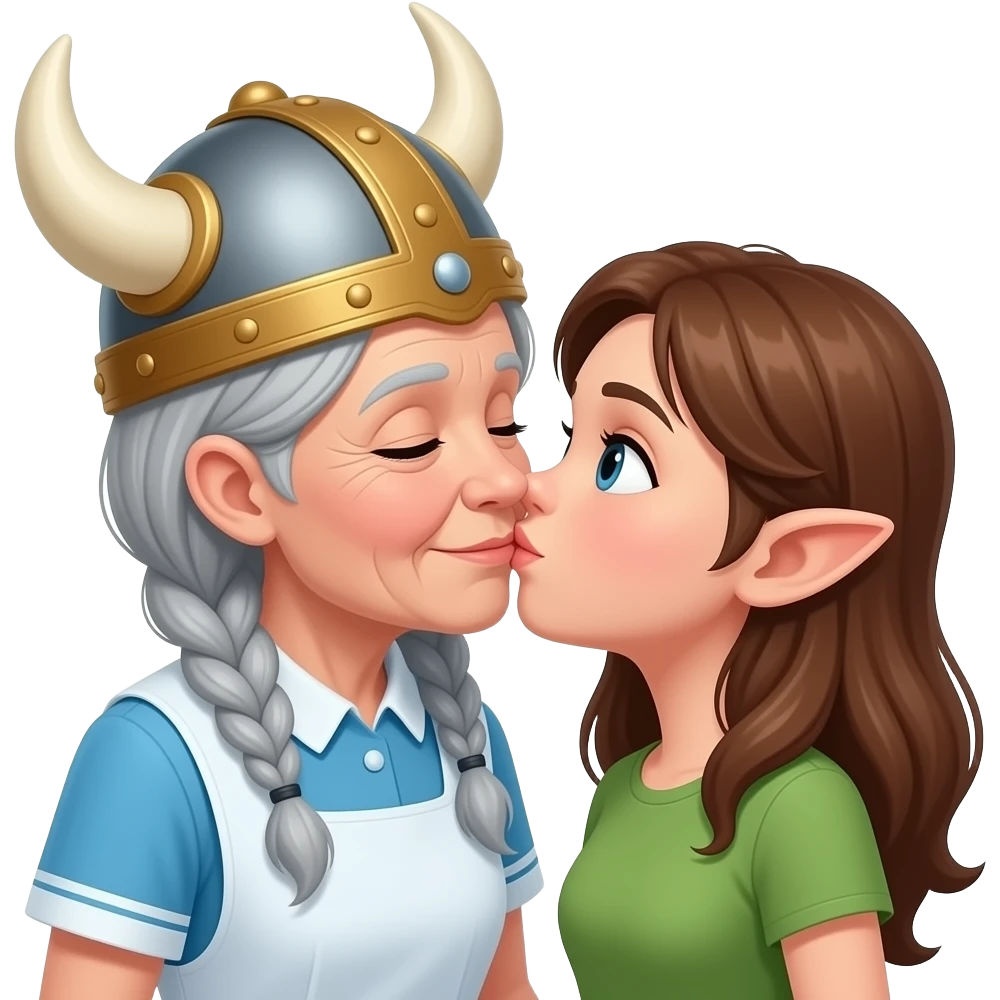 Viking hat gray braids old woman kissing pixie hair brunette elderly nurse emoji