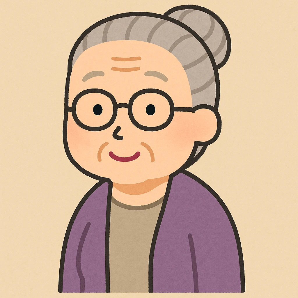 elder woman with glasses, irasutoya style, flat toon, friendly expression, simple background emoji