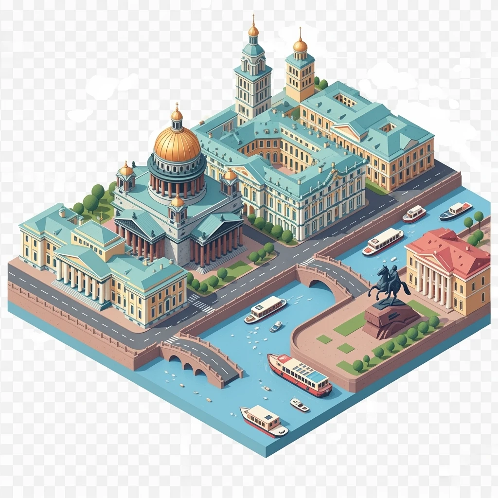 Isometric illustration of Saint Petersburg with the Saint Isaac’s Cathedral, the Winter Palace, and the Bronze Horseman statue and canals, toy boats and bridges, in pastel miniature diorama style, transparent background emoji