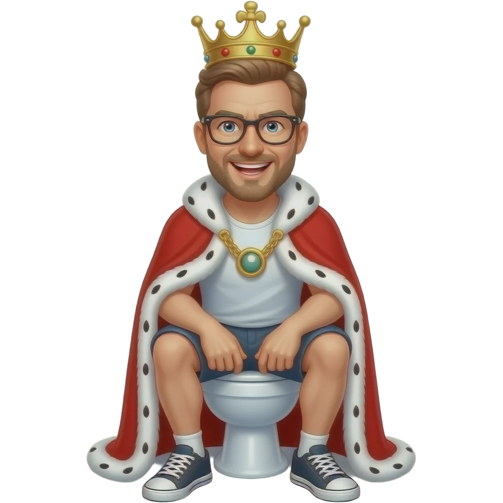 A 40 year-old Caucasian man with light brown hair and wearing fashionable glasses has a crown on his head and sits on a toilet as if he’s sitting on his throne a man wears casual clothes and his half grimacing and half laughing or smiling emoji
