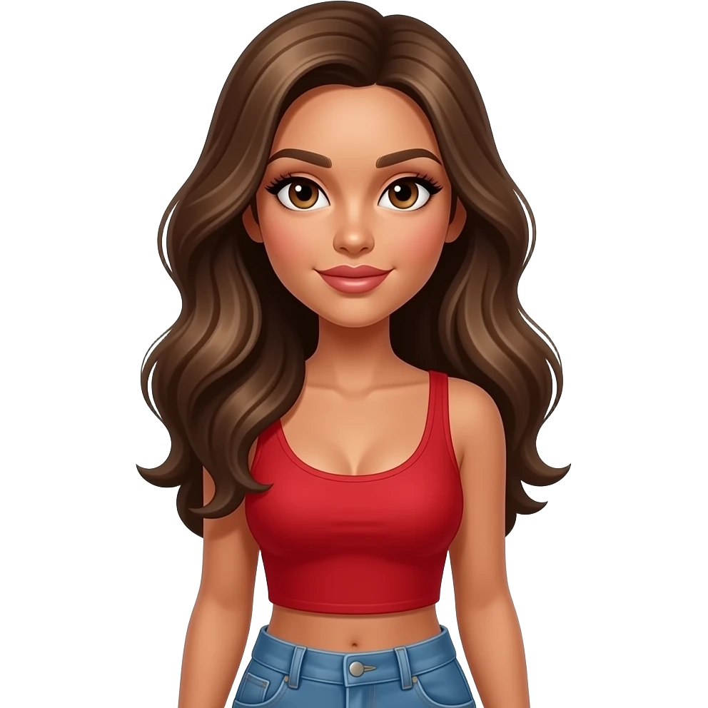 woman with tan glowy skin, hazel eyes almond with long lashes, softly arched brows, full lips, dark blonde flowing hair, delicate feminine sexy features, wearing a red crop top and blue jeans, confident and femenine and glam makeup emoji