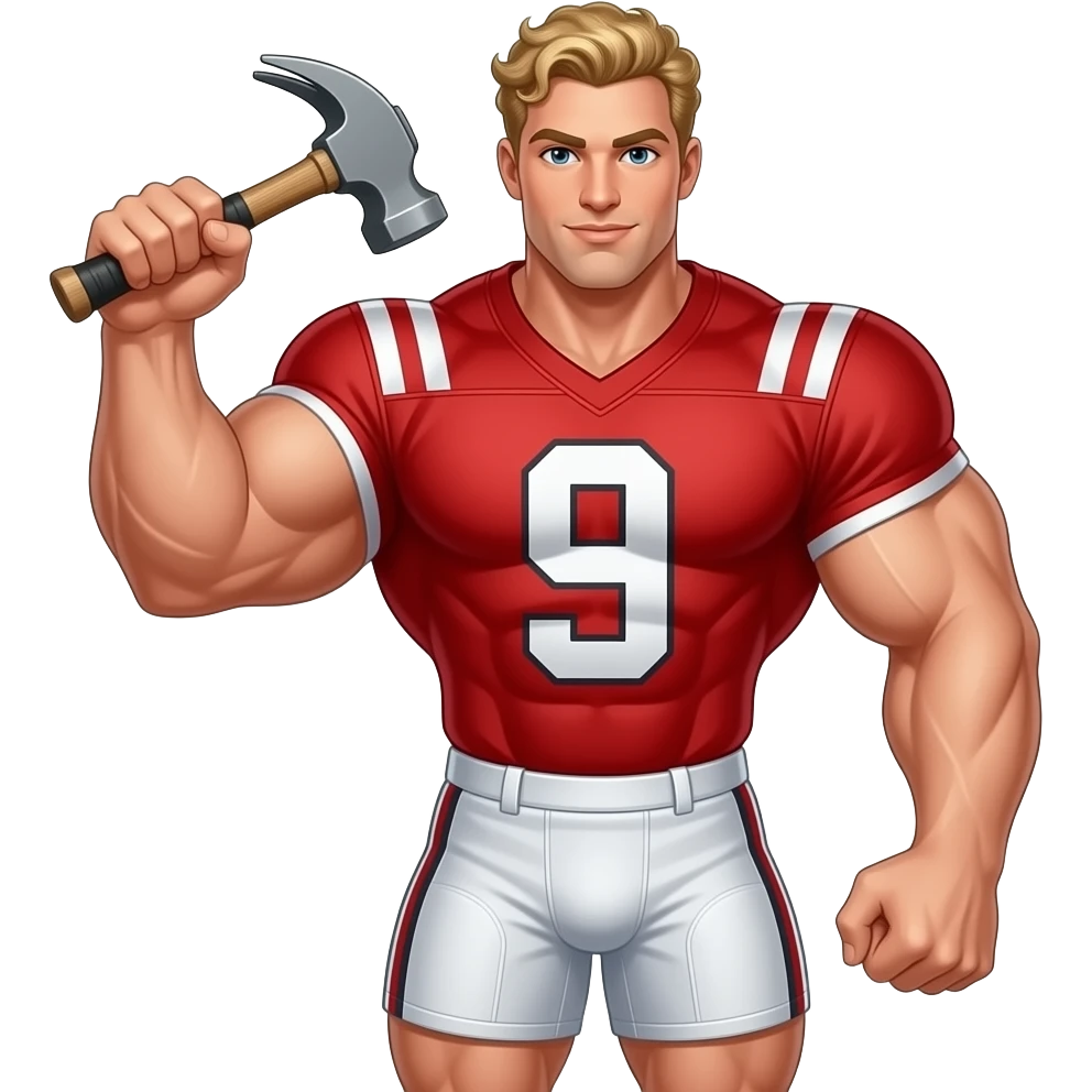 Muscle man with curly blonde hair big boobs holding hammer wearing red football jersey in shorts number 9 1/2 emoji