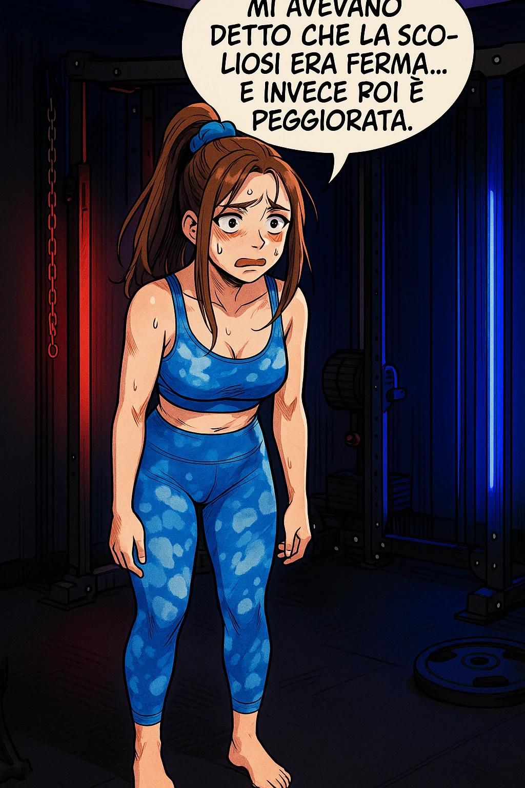 fai questa immagine in versione fumetto/manga/webtoon a colori, il manga mostra la donna disperata con un fumetto sulla testa che dice:
Mi avevano detto che la scoliosi era ferma… e invece poi è peggiorata.
 emoji