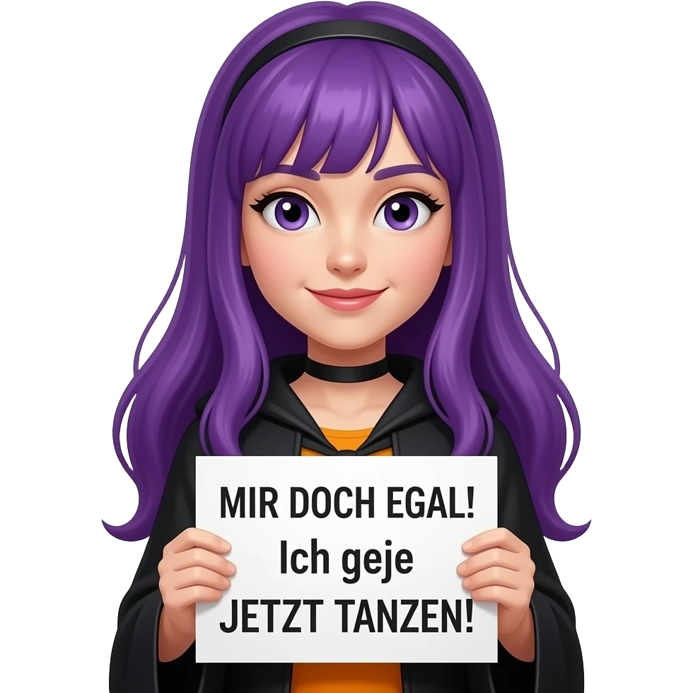 girl with long purple hair wearing a halloween costume holding a MIR DOCH EGAL! Ich gehe JETZT TANZEN! sign emoji