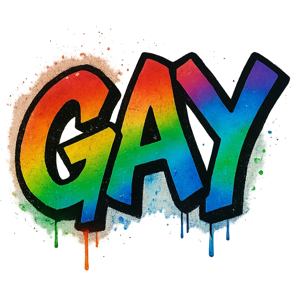 the word GAY in a graffiti style with rainbow spray paint emoji