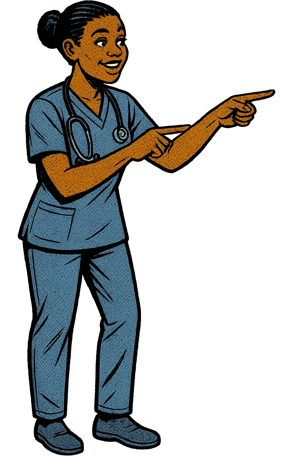 The full body of a caring young black female nurse with her hands pointing something out emoji