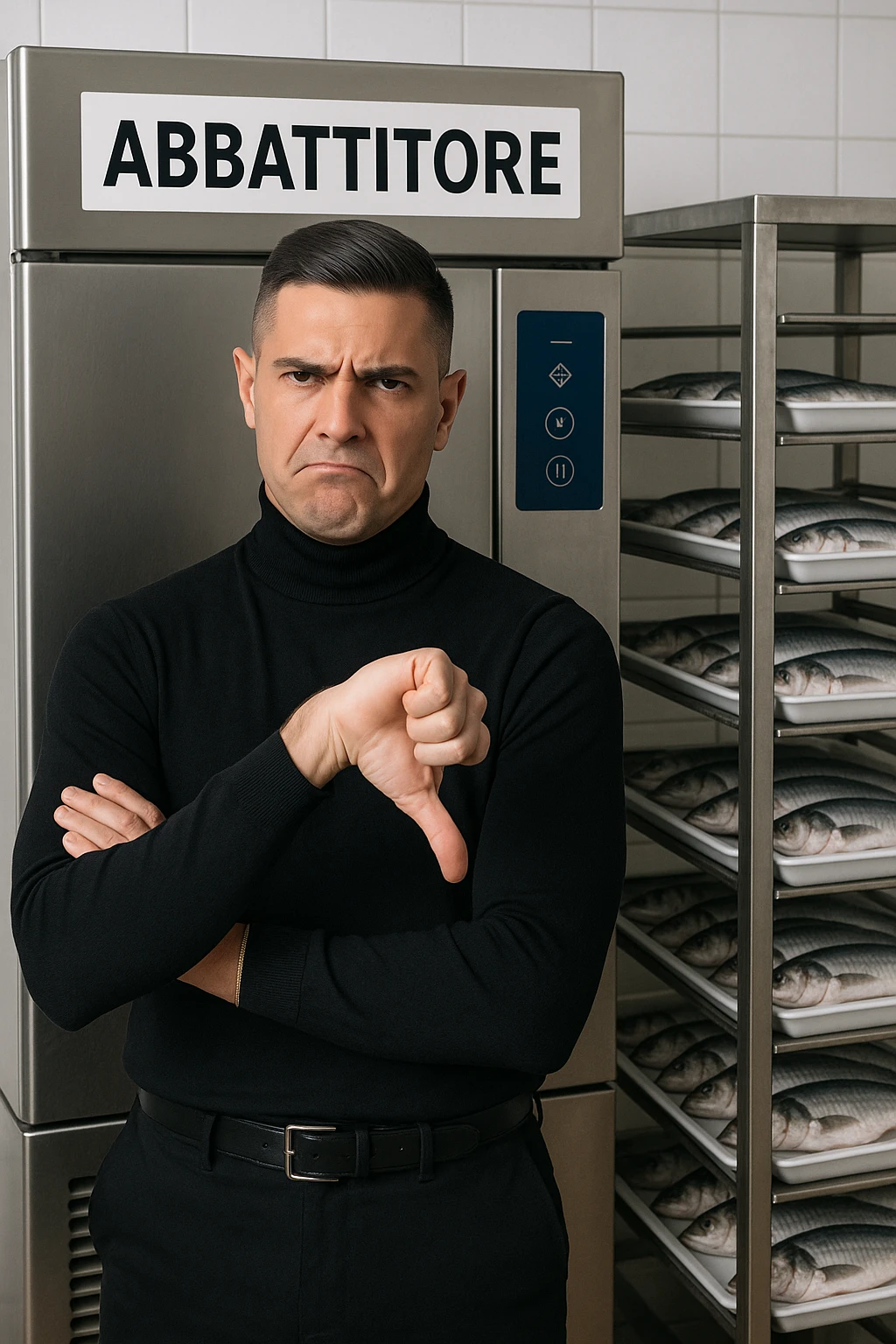 a man stands in front of a commercial fish blast freezer (abbattitore), arms crossed and a displeased, skeptical expression on his face. He shakes his head or gives a thumbs down, clearly rejecting the use of the freezer. The background shows a professional kitchen or fish processing area, with trays of fish ready for freezing. in italiano emoji