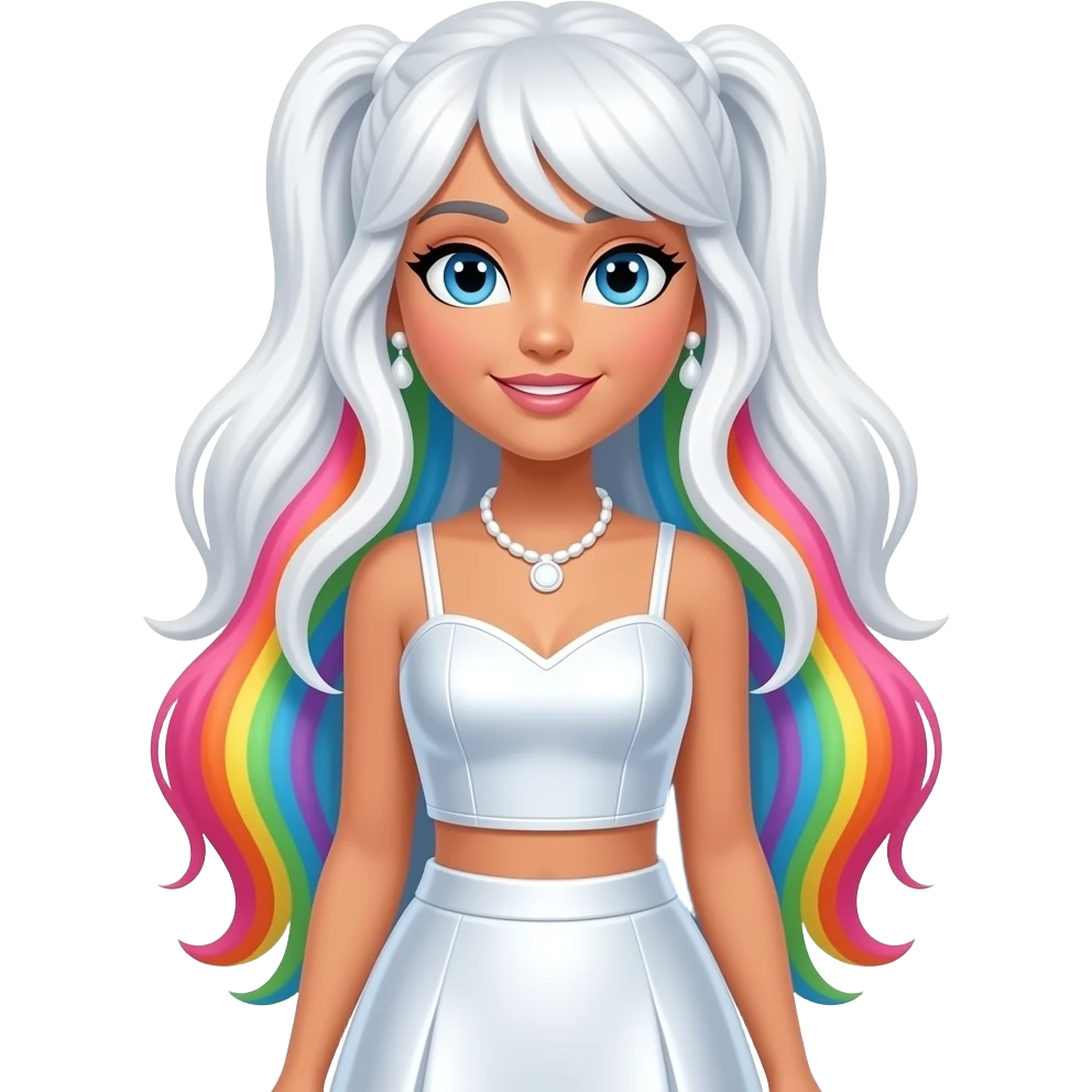 Amaya Raine from Rainbow High with blue eyes, long white hair with rainbow highlights, white metallic sweetheart crop top and long skirt, white necklace and earrings emoji