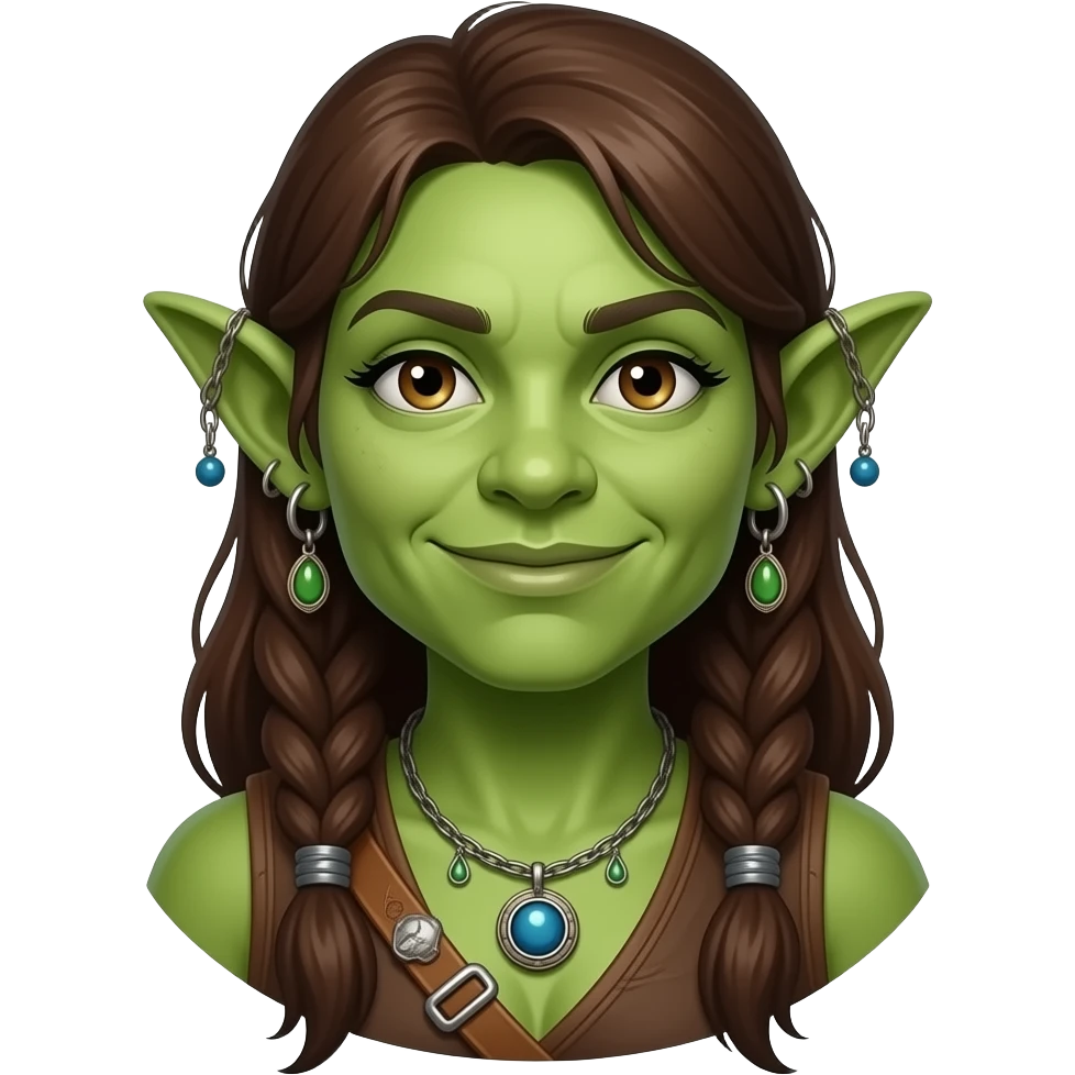 Bust of Kind Green Goblin woman fantasy adventurer with junk trinkets emoji