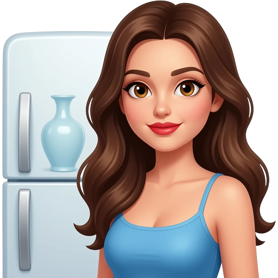 Beautiful girl brown eyes sexy red lips brunette long hair with a Old vase and a fridge emoji