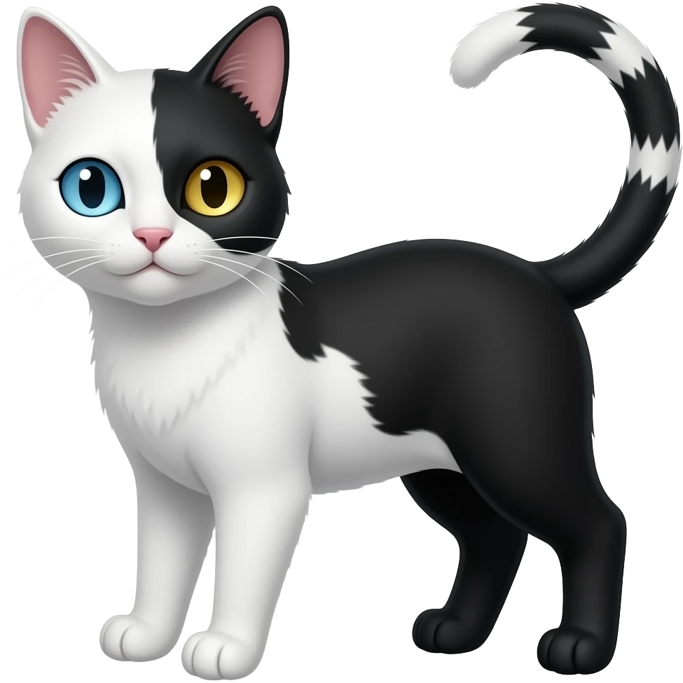Chimera cat; one sad is white with blue eye, the other side is black with golden eye emoji