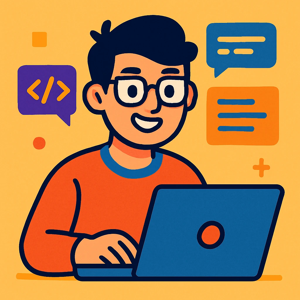 coder wearing glasses, vibrant and friendly, modern illustration style emoji