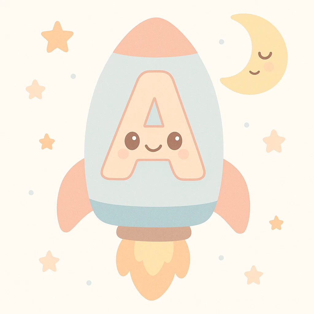 capital letter on a rocket ship heading to the moon, whimsical and fun, with stars in the background emoji