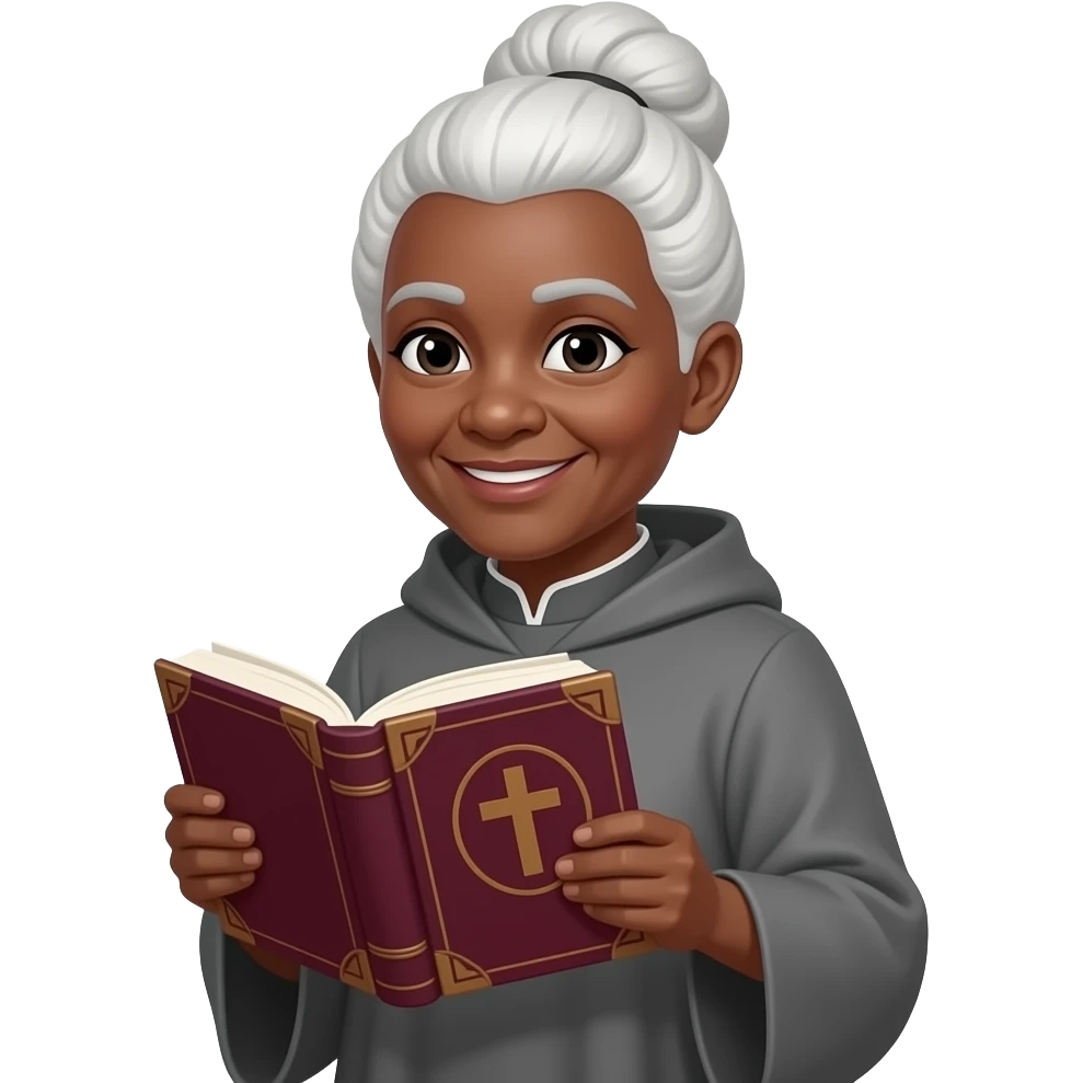 wise old woman with white hair in a bun black skin robe slight smile with burgundy book that has a cross on it emoji