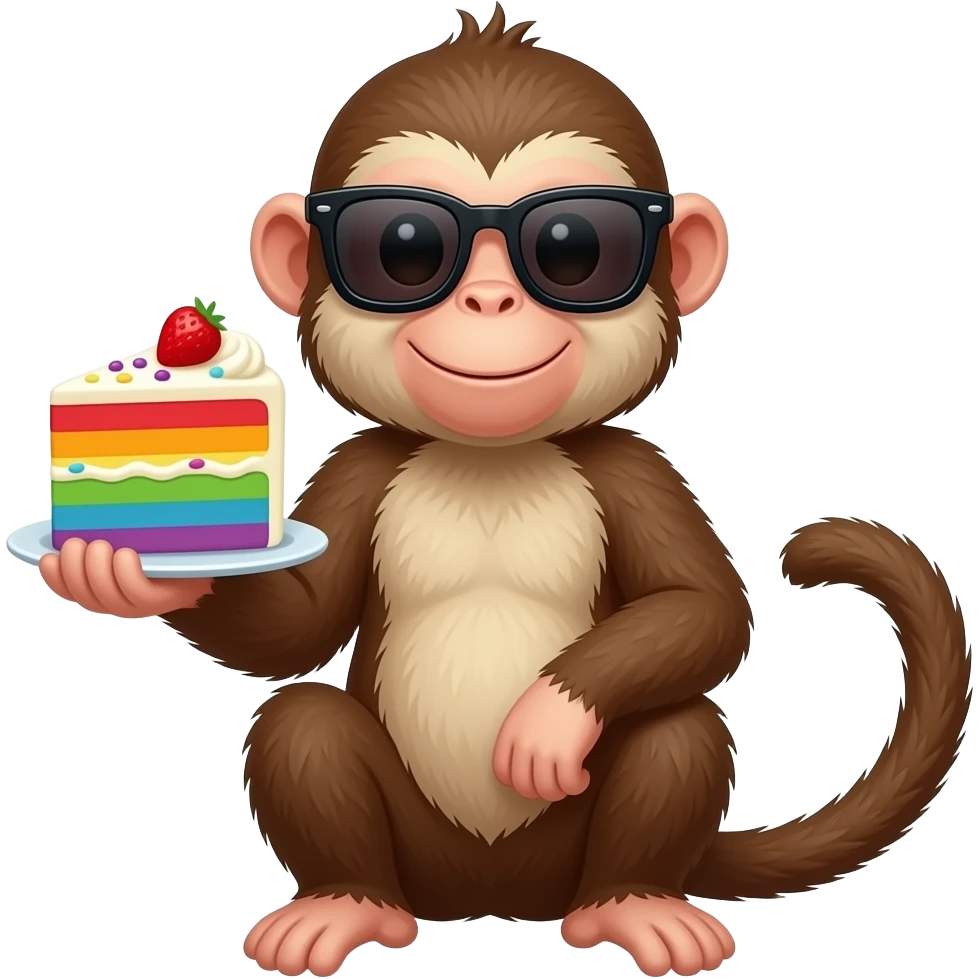 capuchin monkey sitting down wearing Sunglasses holding a slice of rainbow cake emoji