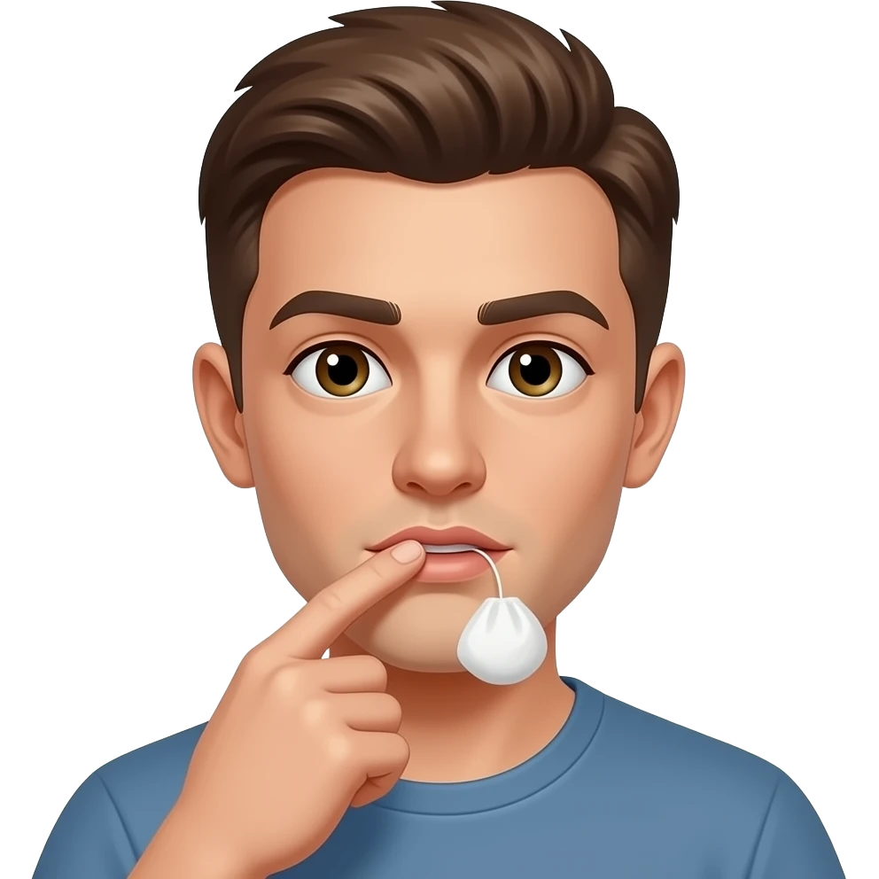 young guy placing white snus pouch under upper lip with two fingers, close-up face, 3D apple memoji style emoji emoji