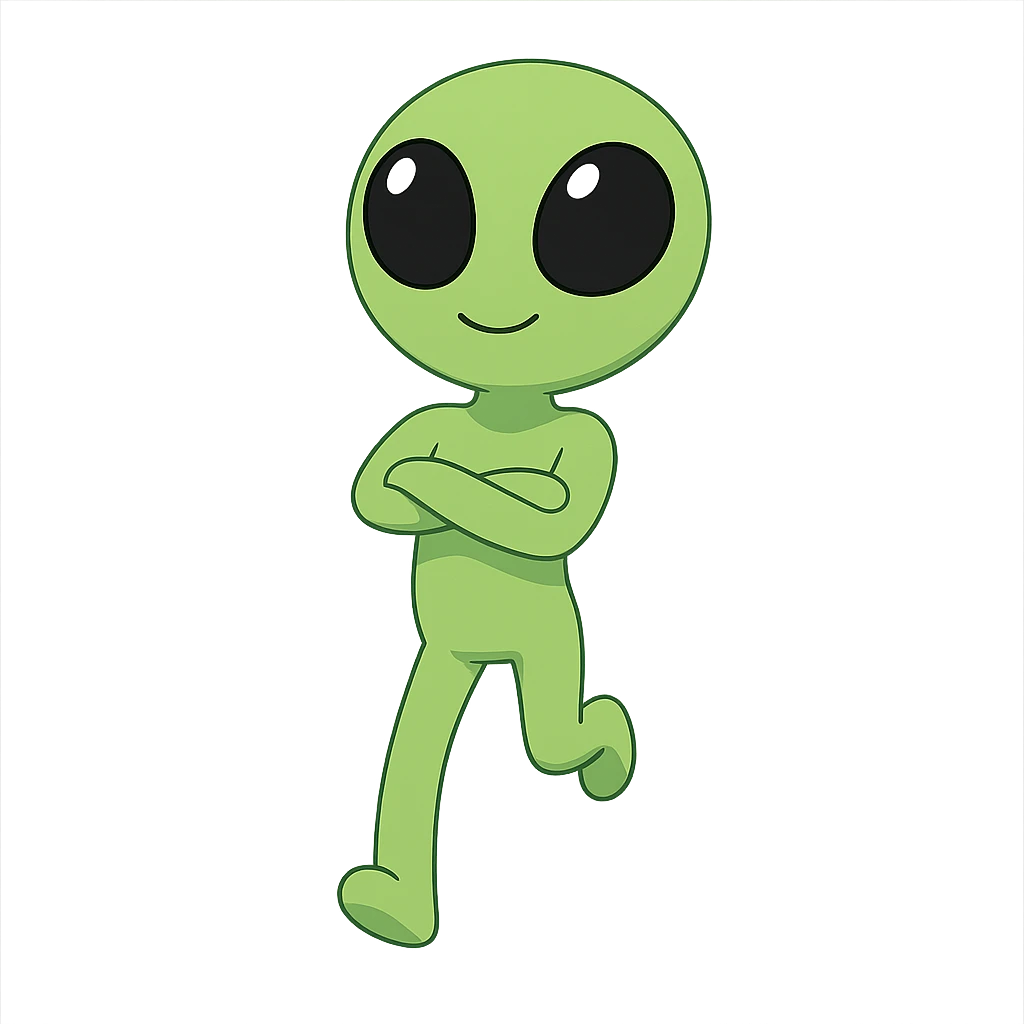 Create a neon green alien dancing, almost identical to the reference image, with minimal changes in the positions of arms and legs, looking straight ahead. This is frame 20 of the animation. PNG with transparent background. emoji