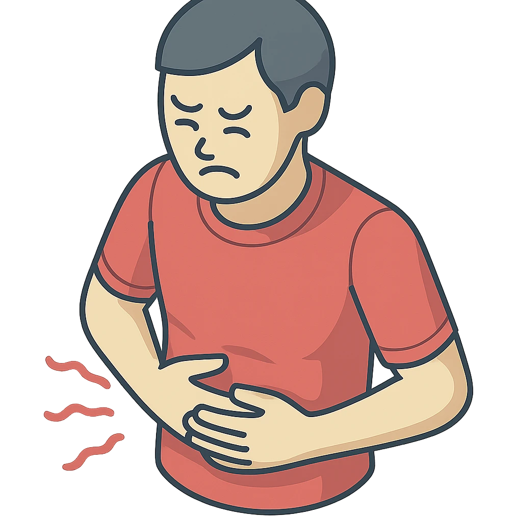torso of a little person holding stomach, grimacing in pain, pain waves around, 2d isometric style, shadows and highlights, only torso, stomach, and arms, transparent background emoji