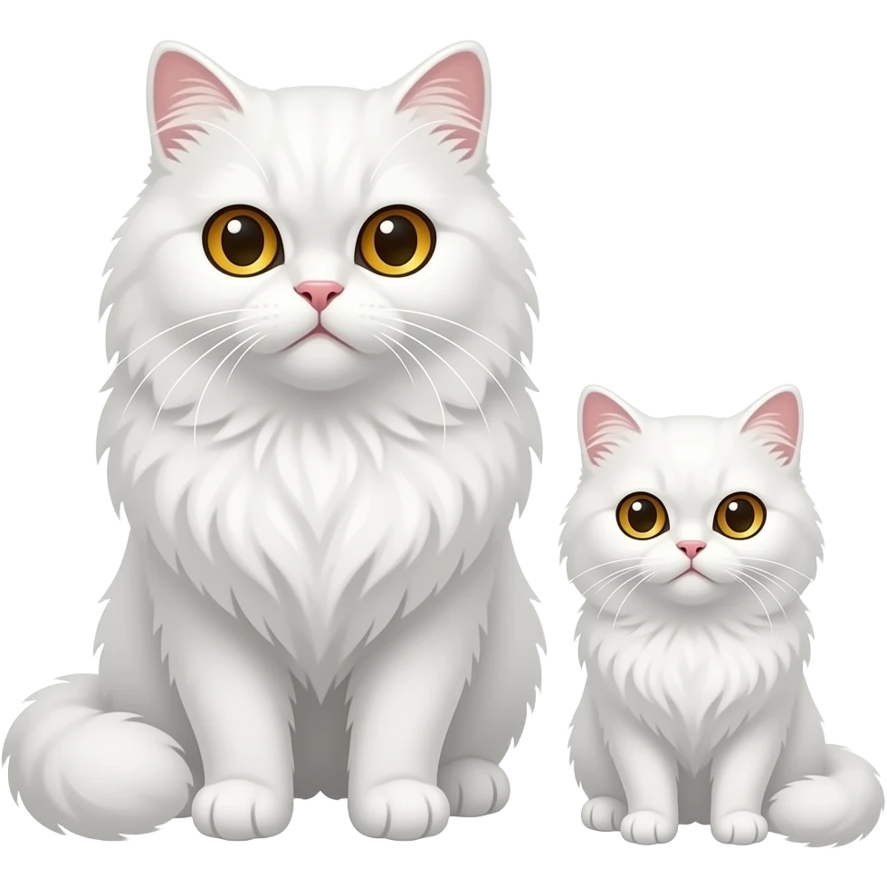1 male big white persian cat and 1 kitten female white persian both cats eyes should be hazel yellow semi punched faces and should look real animated emoji