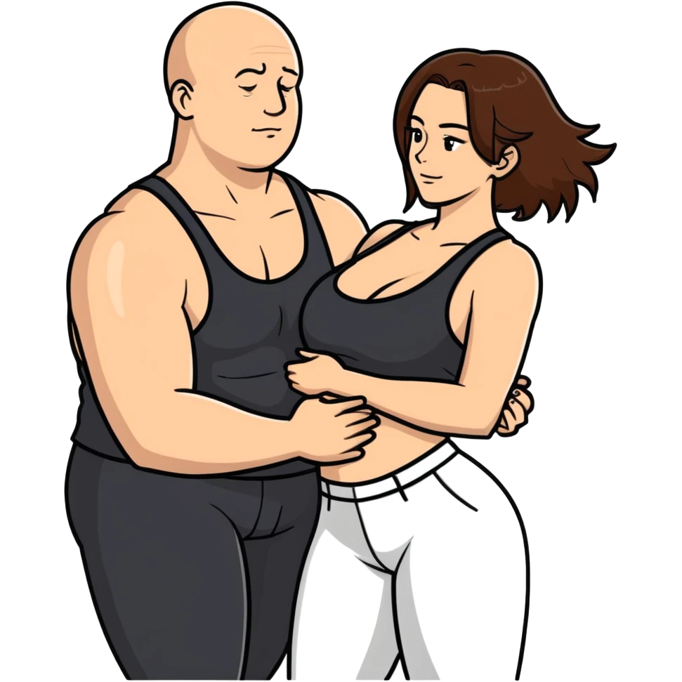  One Caucasia woman with brown hair and big boobs,  a black tank top and pants getting humped by bald man emoji