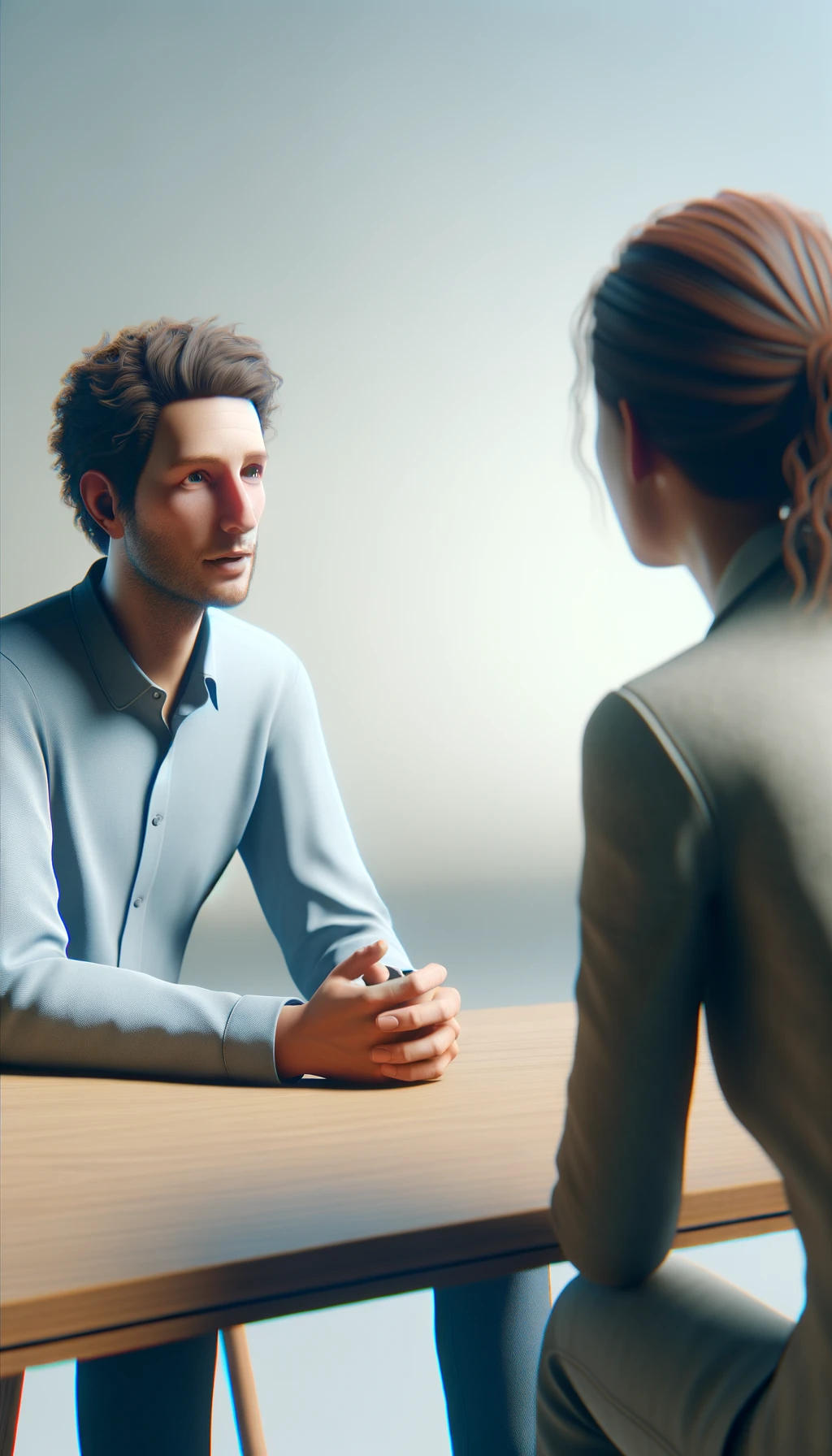 una persona parla e un altra persona di spalle lo ascolta, immagine iperrealistica 4k, sfondo chiaro emoji