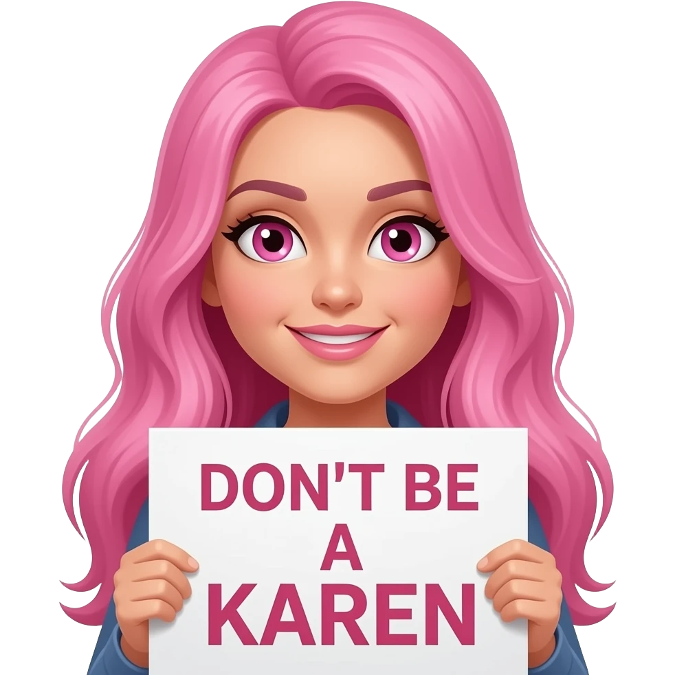 sexy girl with long pink hair and pink eyes holding a DON'T BE A KAREN sign emoji