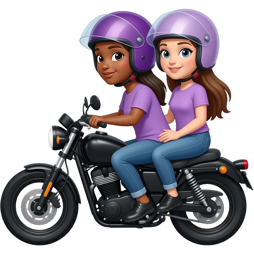 Dos mujeres una de tez morena y blanca cabello lacio largo en moto negra y cascos morado y casco lila emoji